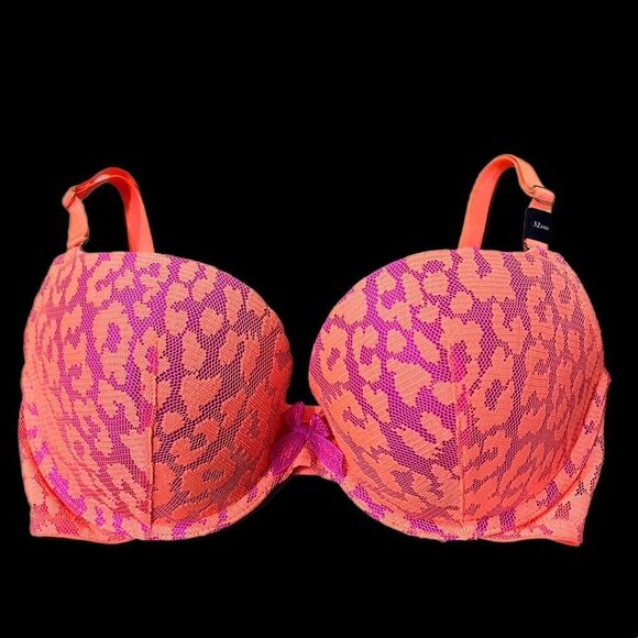 Victoria’s Secret Very Sexy PADDED DEMI Thick Padding lace bra orange pink 32DD - Picture 3 of 4